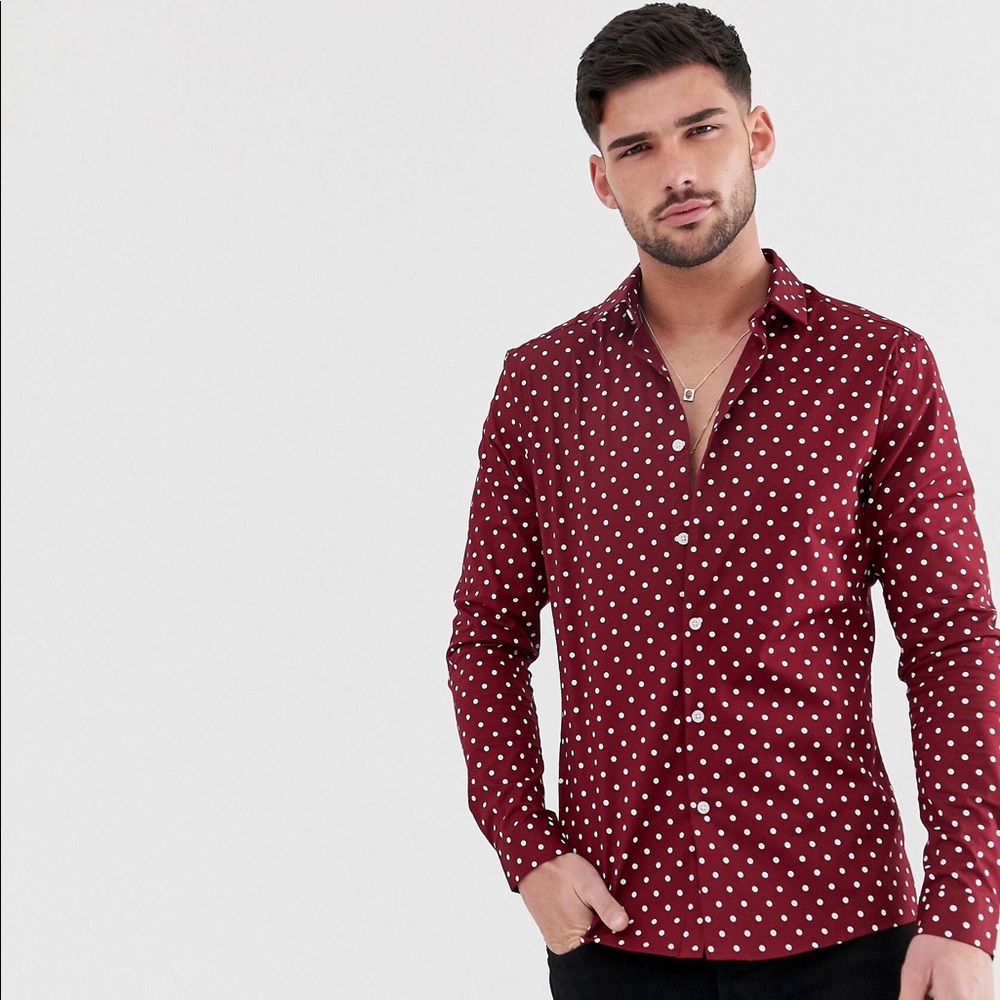 Men Medium Size Burgundy Polka Dot Button Up